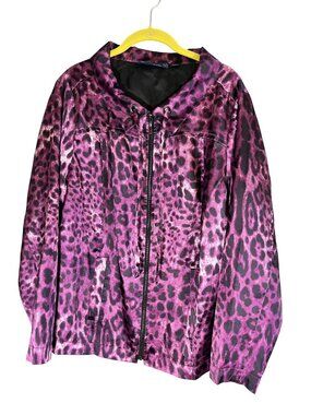 Leopard Print Full Zip Jacket Purple 1X Festival Artsy Shiny Glam Chic Preppy